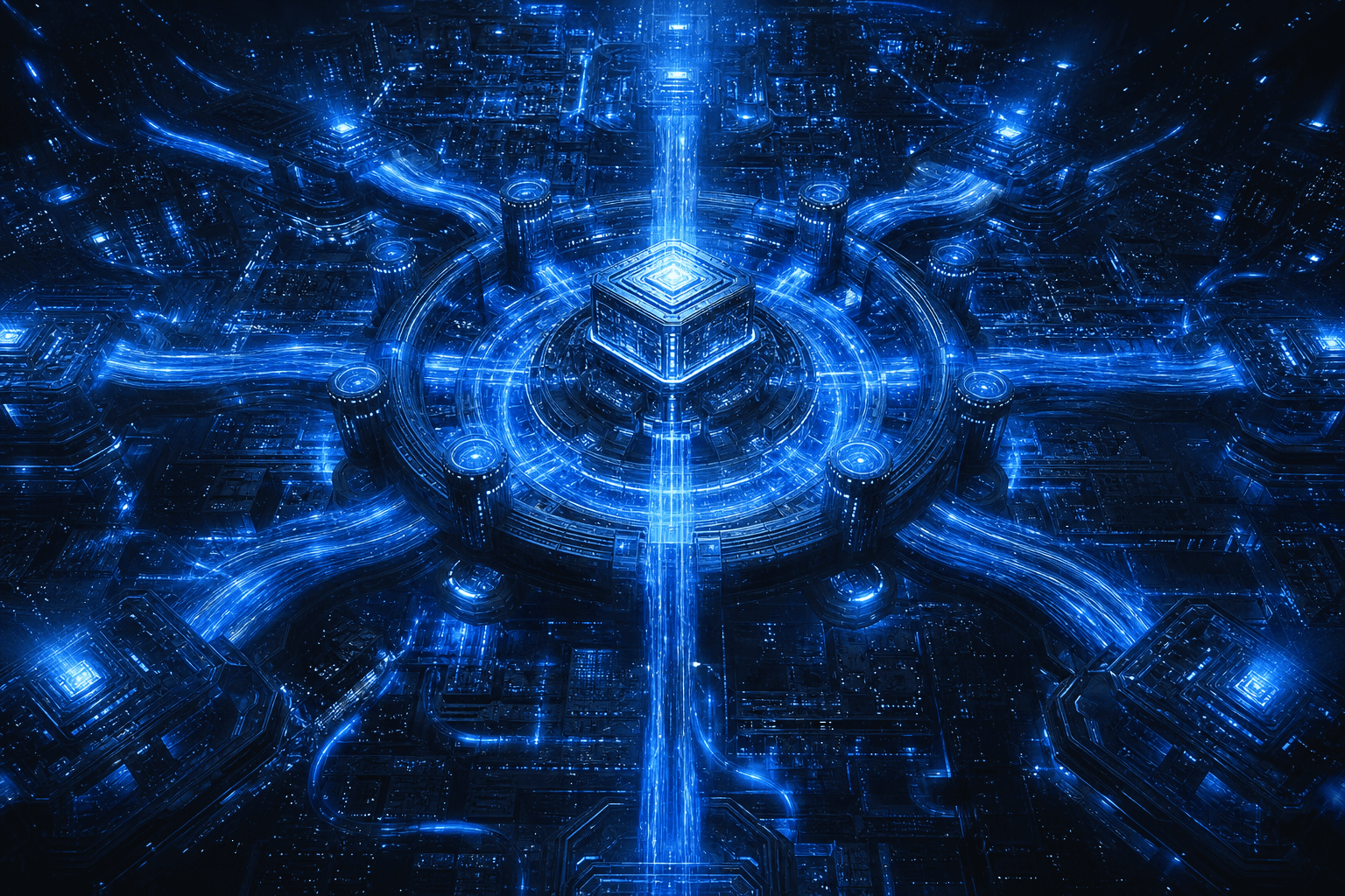 A glowing blue holographic circuit core seen from above