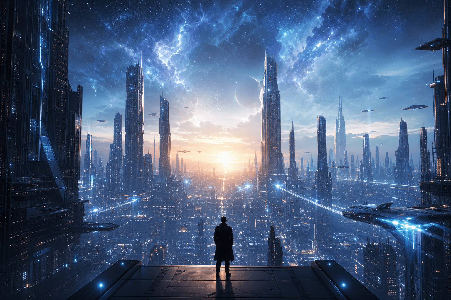 A lone figure overlooking a vast futuristic city at dawn